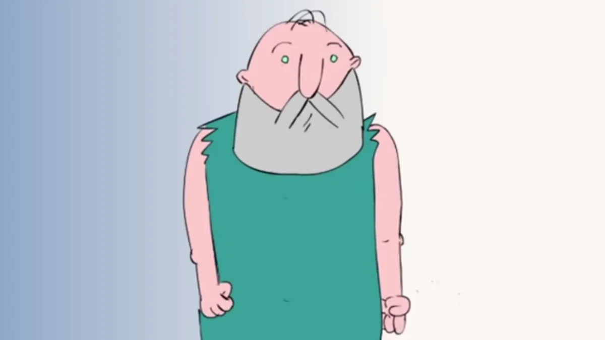 A cartoon man with a large gray beard and green eyes, wearing a green sleeveless shirt, stands with a stern expression. His…