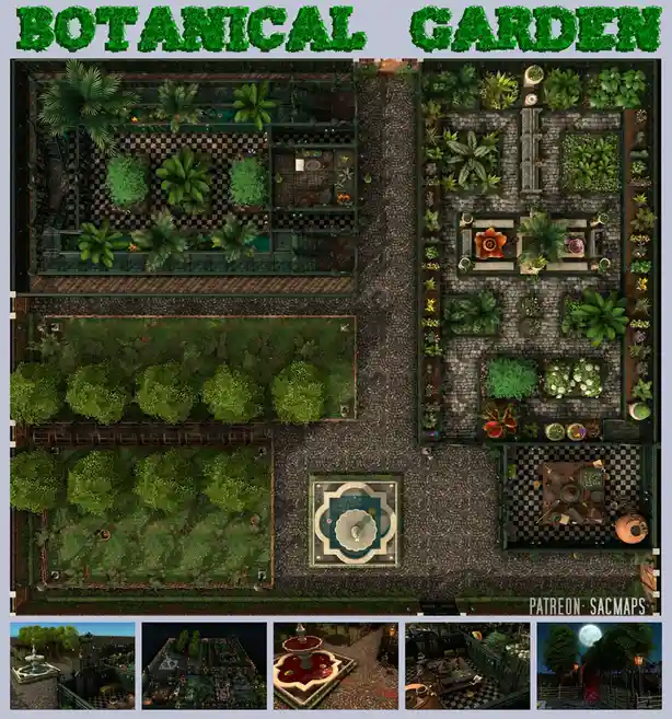 An overhead view of a meticulously designed virtual botanical garden with cobblestone paths, checkered floors, fountains…