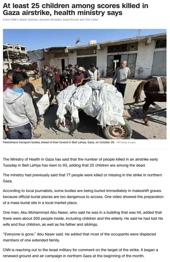 A news article screenshot shows a photo of Palestinians transporting covered bodies on a cart pulled by a horse in a…