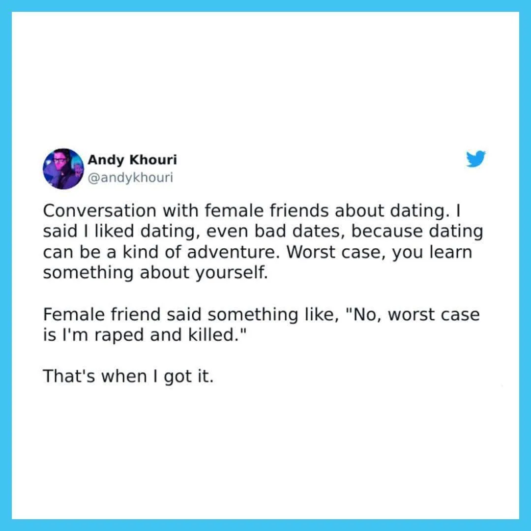 A screenshot of a tweet by Andy Khouri (@andykhouri) showing a conversation about dating. The tweet describes how the author…