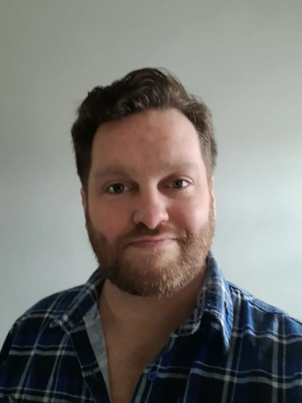 A man with a beard and brown hair wearing a blue plaid shirt looks directly at the camera with a slight smirk. The overlaid…