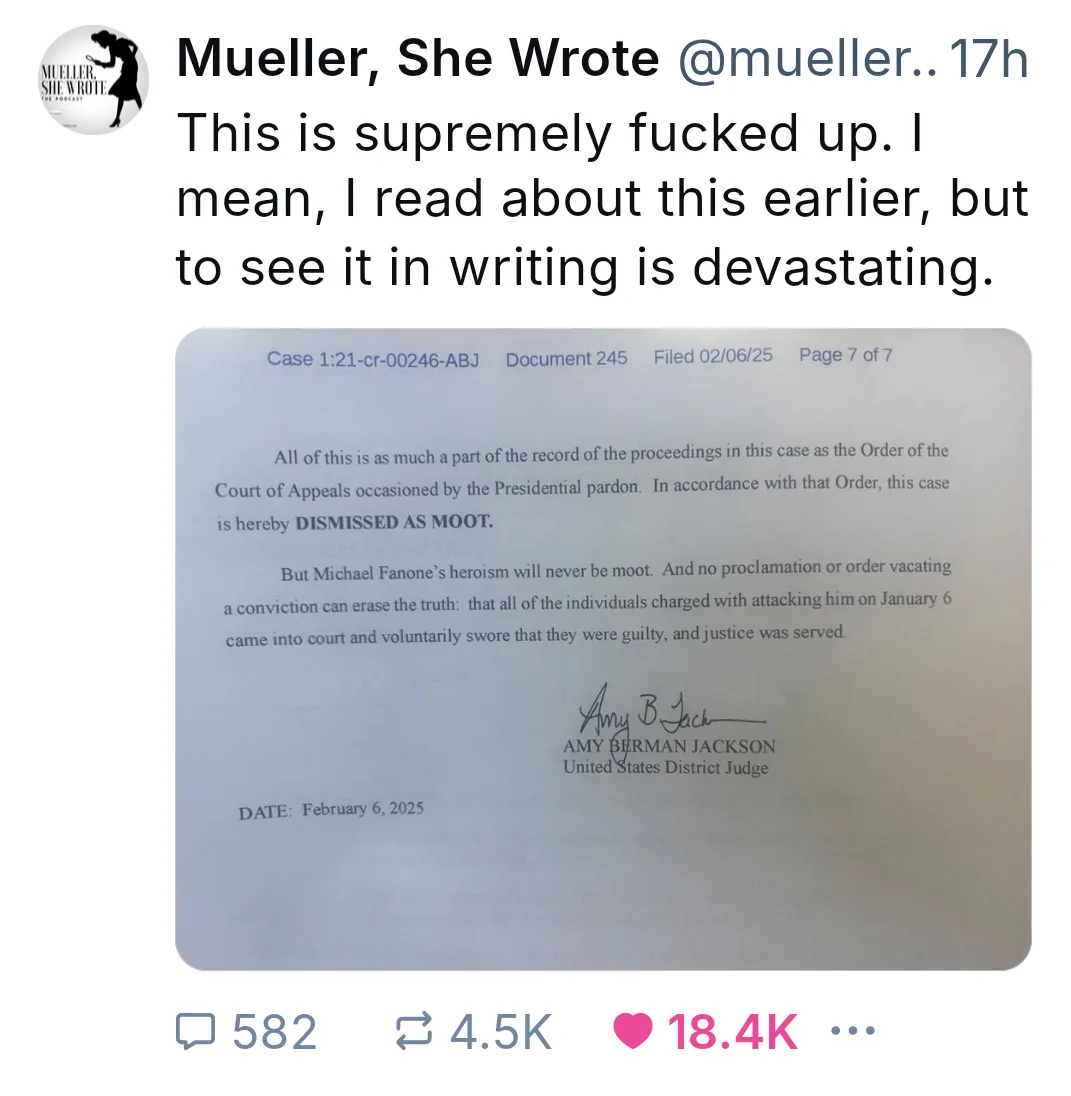 A screenshot of a tweet from 'Mueller, She Wrote' showing a court document titled 'Case 1:21-cr-00246-ABJ' dismissed as moot…