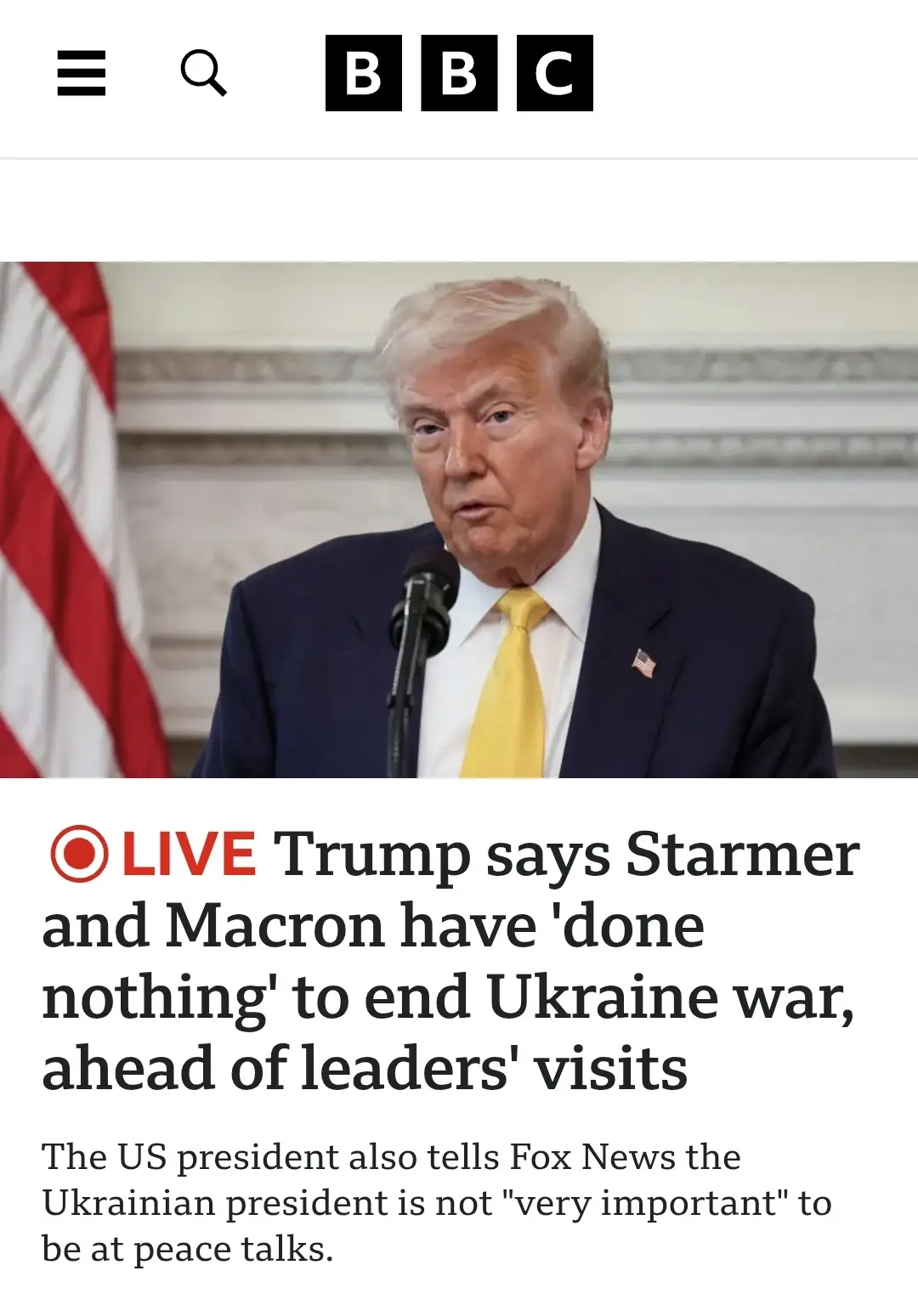A screenshot of a BBC news article featuring Donald Trump speaking at a podium with an American flag behind him. The…