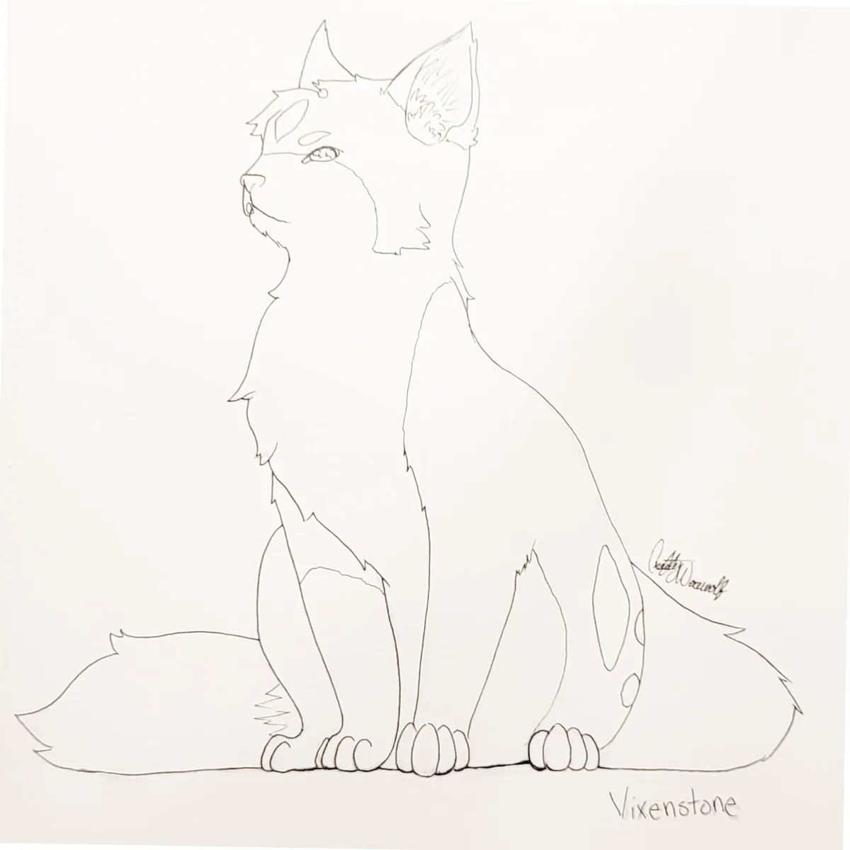 A simple black-and-white line drawing of a sitting feline creature, possibly a cat or fox, with pointed ears and a bushy…