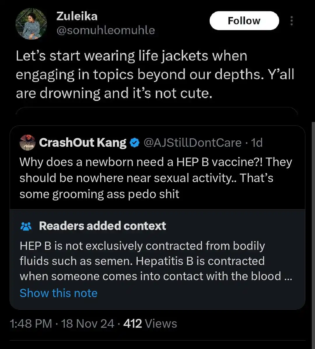 A screenshot of a Twitter thread shows user Zuleika posting a metaphorical warning about diving into complex topics. Below…