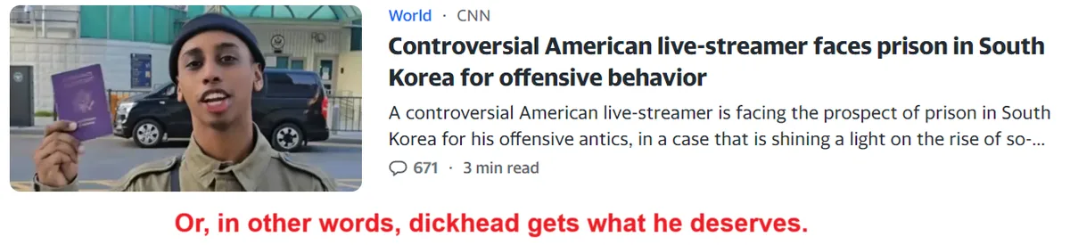 A screenshot of a CNN news article titled 'Controversial American live-streamer faces prison in South Korea for offensive…