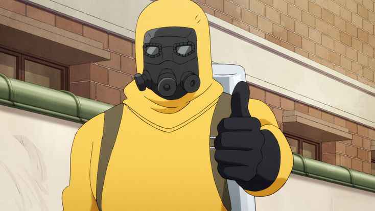 An anime character wearing a yellow hazmat suit and black gas mask gives a thumbs-up gesture while standing in front of a…