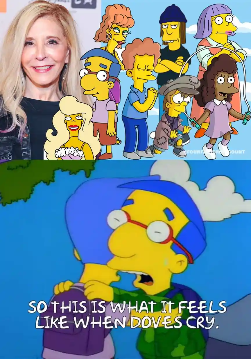 The top half shows a photo of singer Linda Perry next to a group of The Simpsons characters, including Lisa, Bart, and…