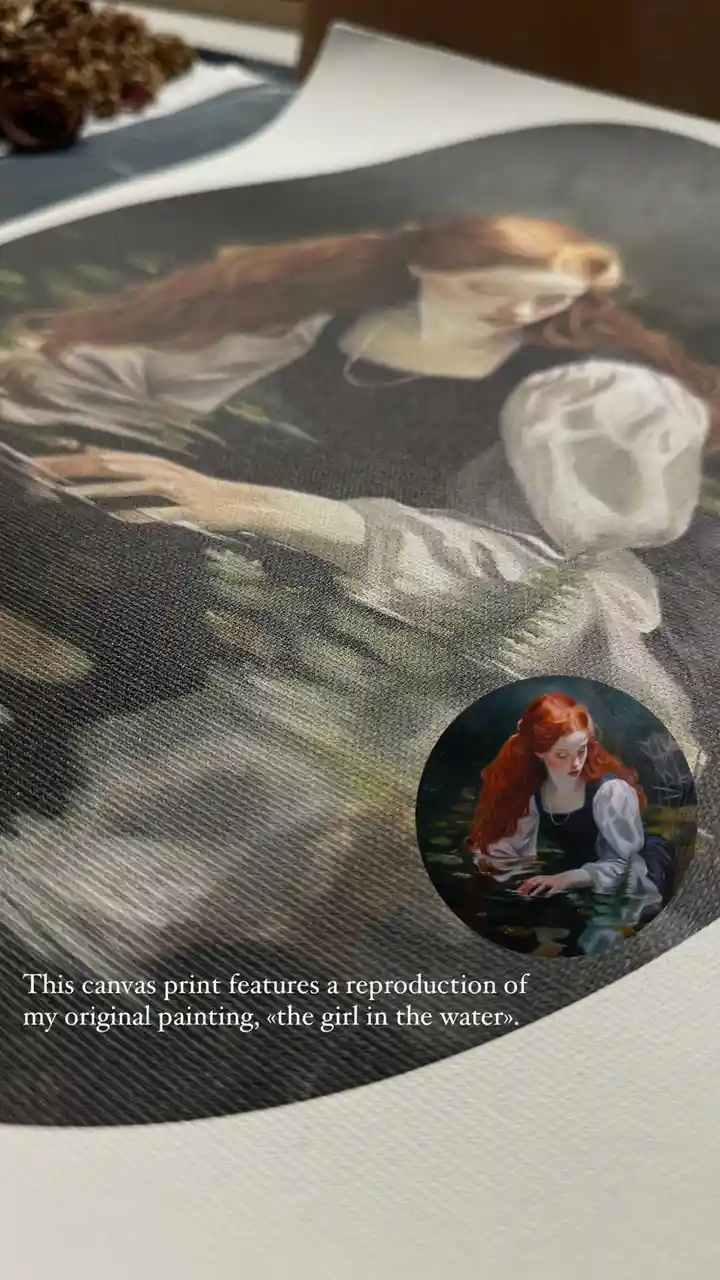 A canvas print displays a large, slightly blurry reproduction of a painting showing a woman with long red hair in a dark…