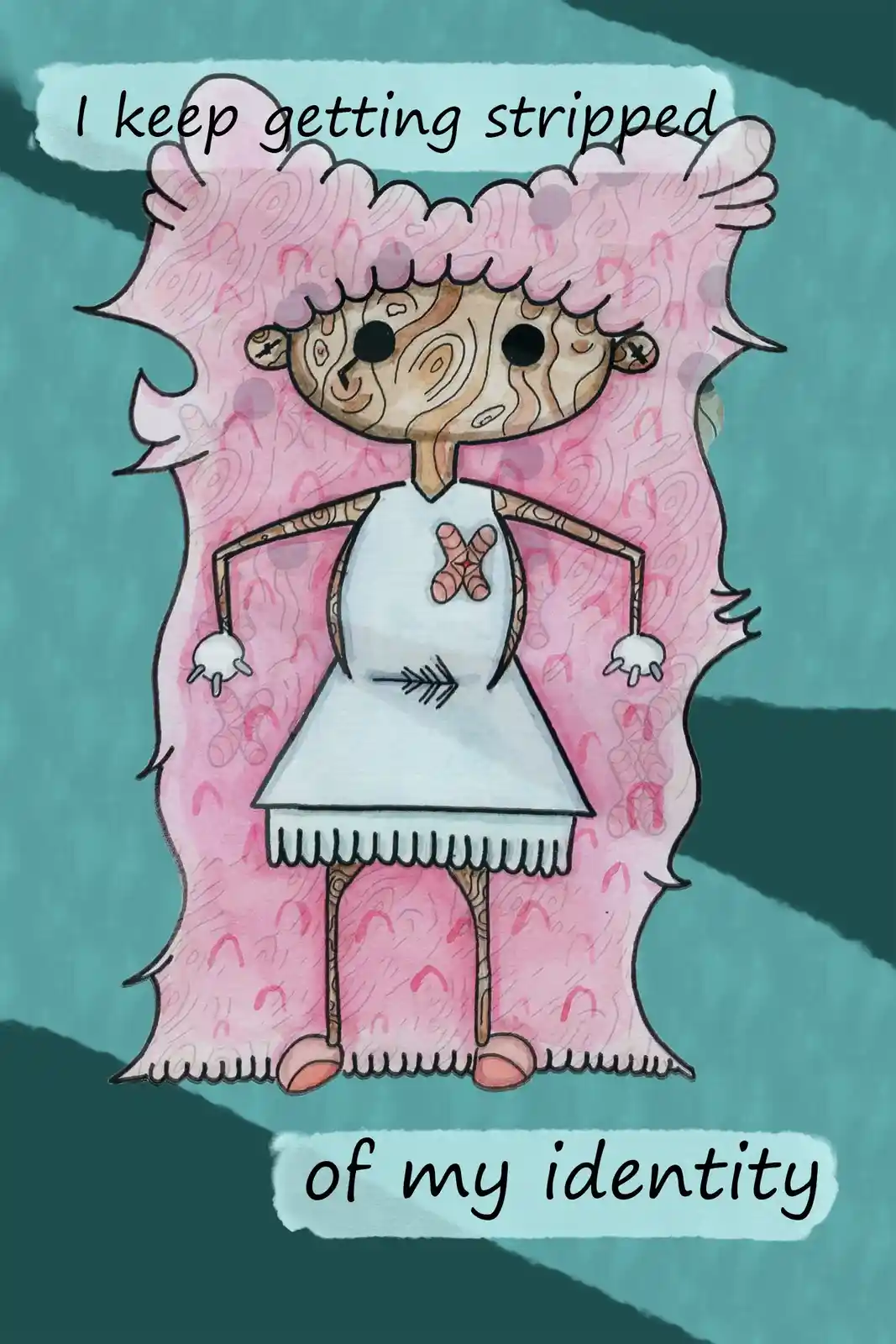 A cartoonish, pink-furred creature with a wooden-textured face and limbs stands in a white dress with an arrow and cross…