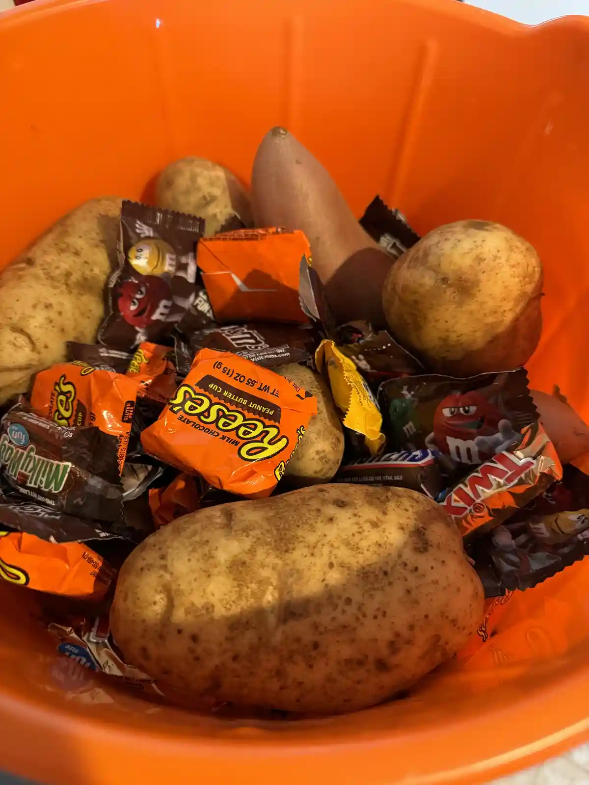 Sneaking potatoes into the candy bucket this Halloween!