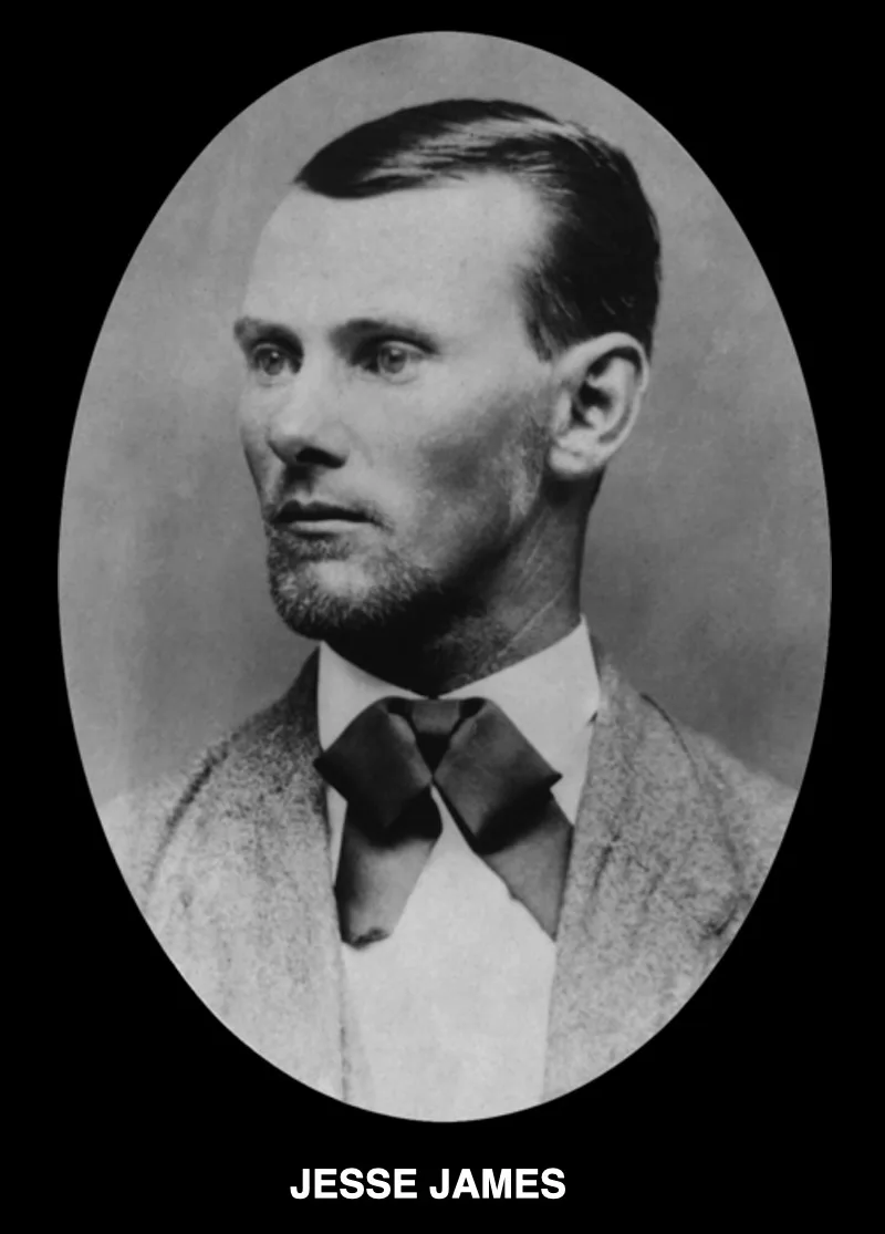 A black-and-white oval portrait of a man with a serious expression, wearing a suit and bow tie, with the text 'JESSE JAMES'…