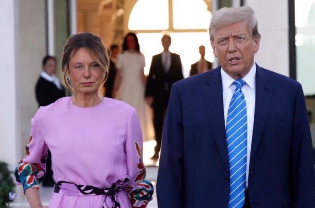 A man in a dark suit and blue striped tie stands beside a woman in a pink dress with patterned sleeves; both appear serious…
