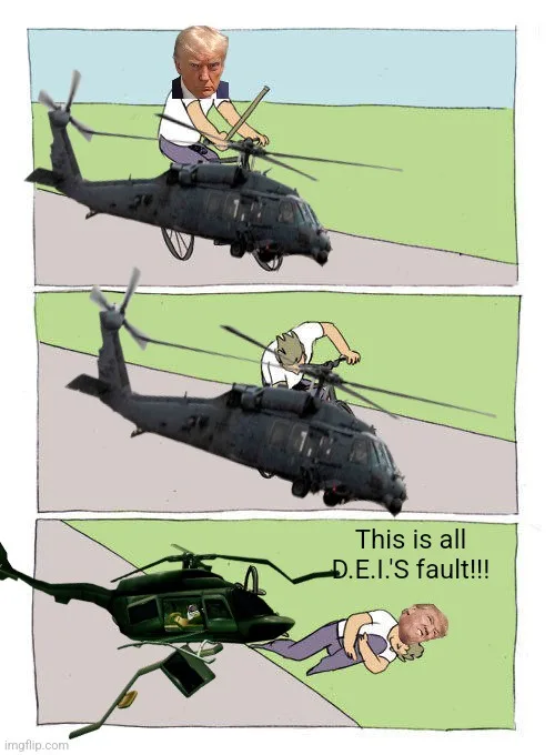 A three-panel comic shows a man with a Donald Trump head piloting a helicopter. In the first panel, he's flying normally. In…