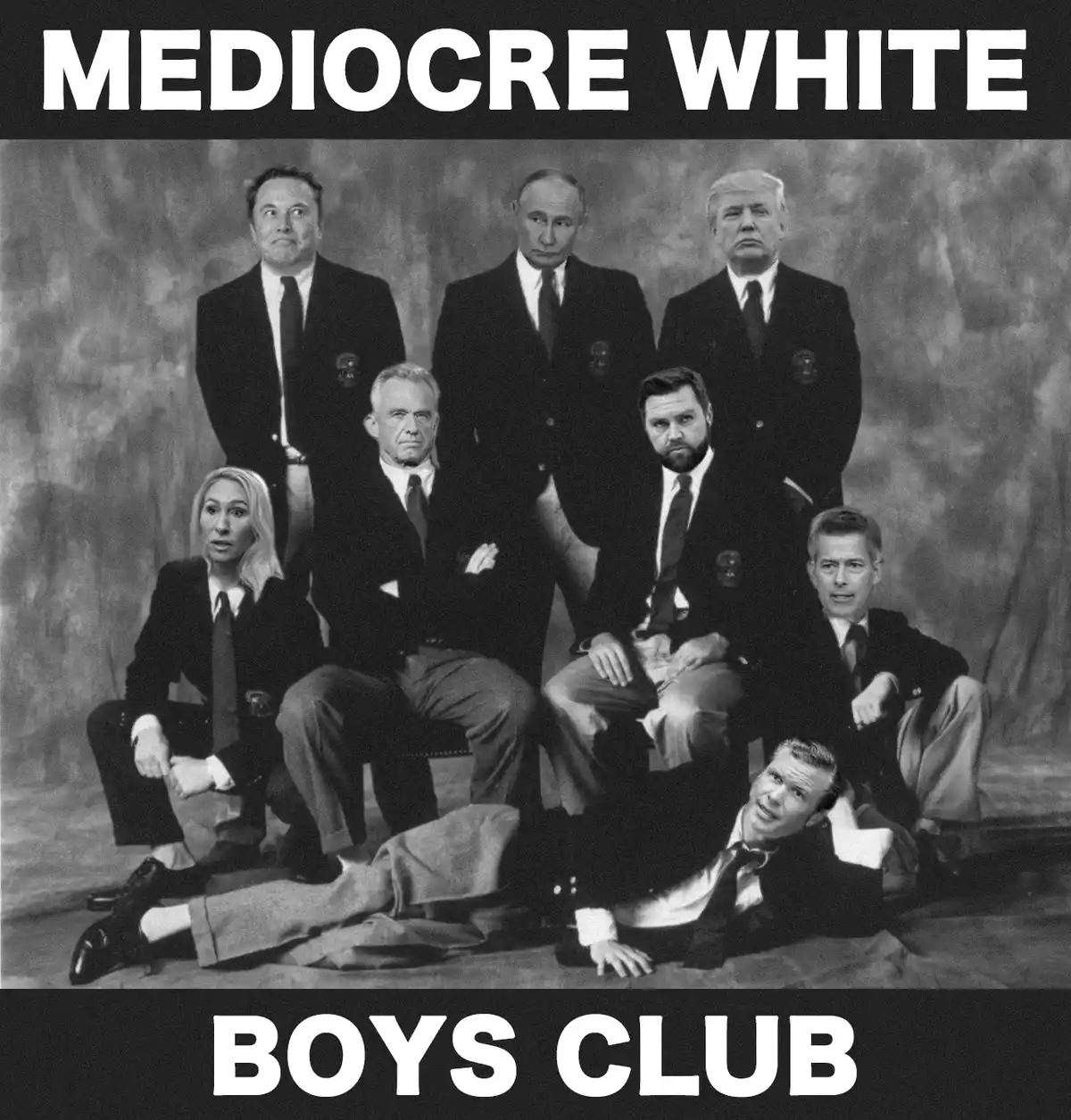 A black-and-white group photo of eight men and one woman in suits, arranged in rows, with the text 'MEDIocre WHITE' at the…