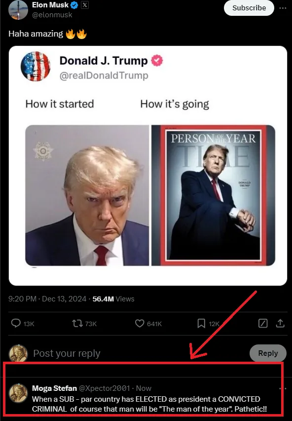 A screenshot of a Twitter post by Elon Musk showing a tweet from Donald J. Trump with two images side-by-side: a mugshot…