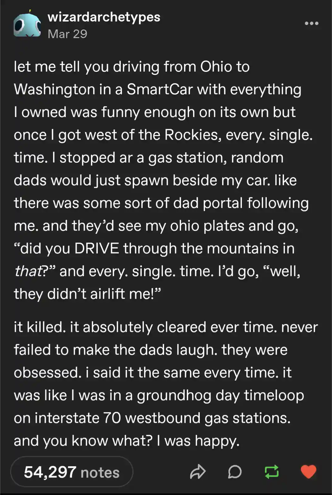 A screenshot of a Tumblr post by 'wizardarchetypes' dated March 29, featuring white text on a dark background. The text…