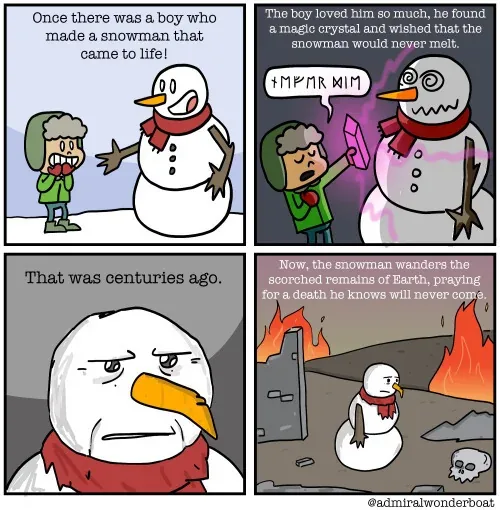 A four-panel comic depicts a boy creating a snowman who comes to life. The boy uses a magic crystal to make the snowman…