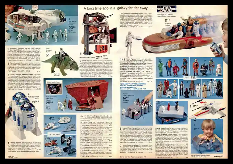This is a full-page 1980s JCPenney catalog spread advertising Star Wars toys, featuring images of action figures, vehicles…