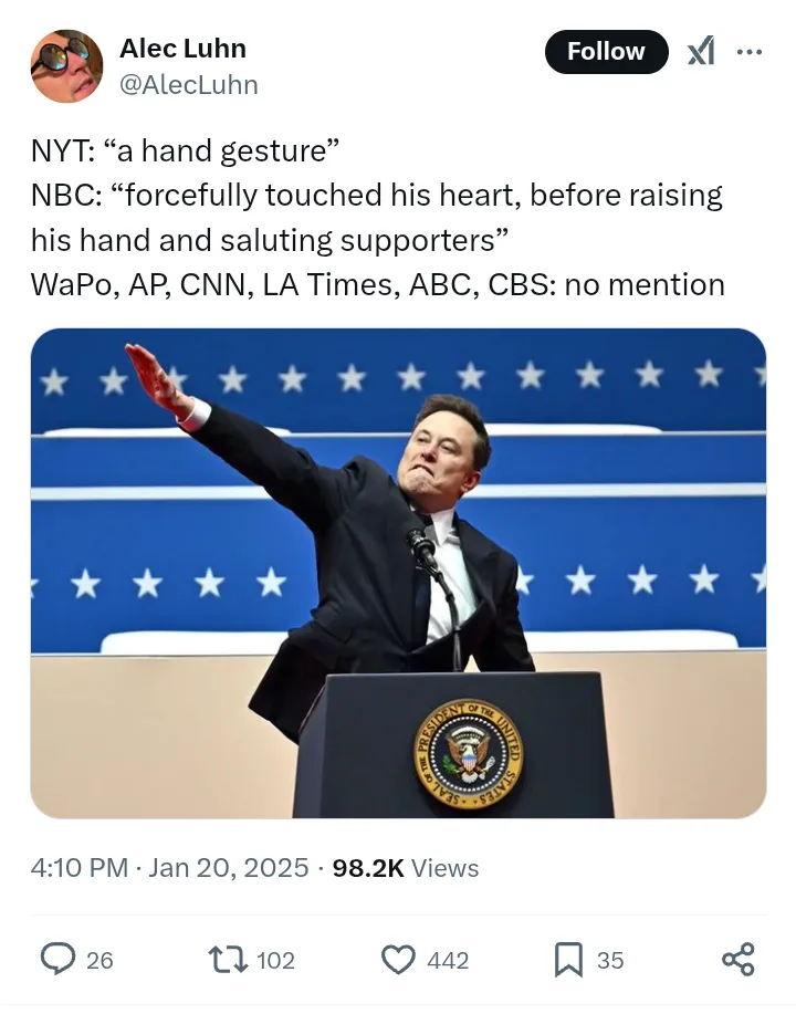 A screenshot of a tweet by Alec Luhn shows a photo of Elon Musk at a podium with the presidential seal, raising his right…