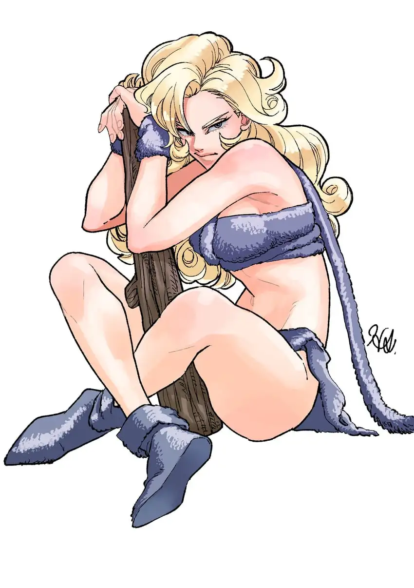 A blonde anime-style woman with a fierce expression sits hugging a wooden post, wearing a blue fur outfit and boots. Her…