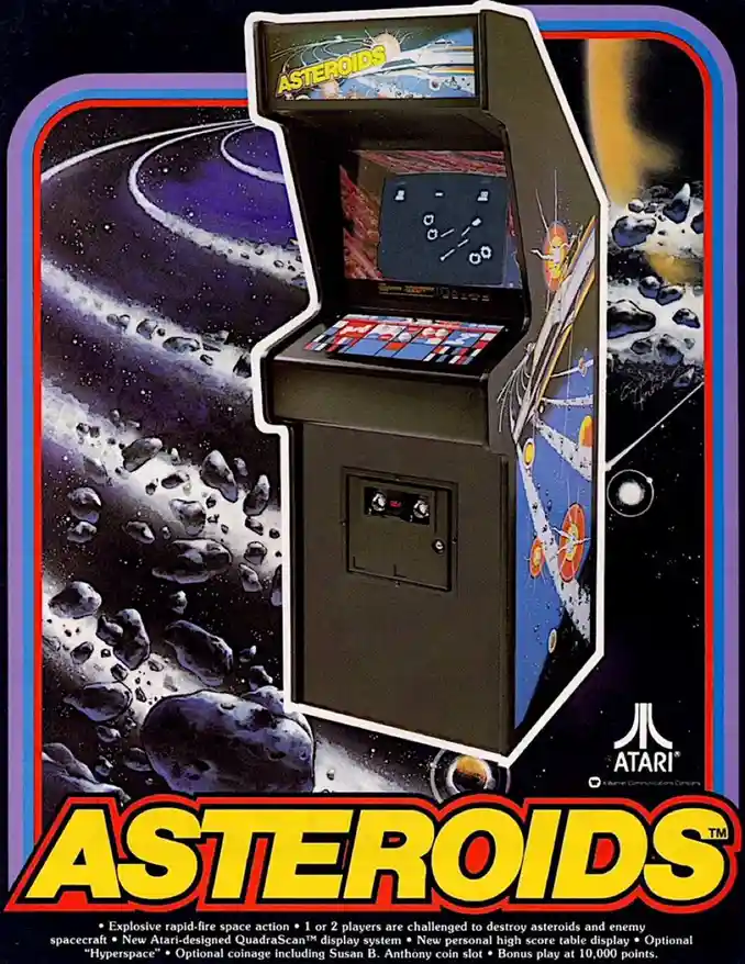 A vintage Atari arcade machine for the game Asteroids is shown against a space background filled with asteroids. The…