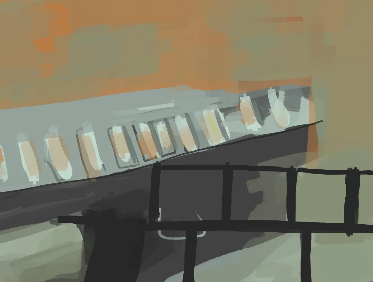A stylized digital illustration shows a row of hot dogs in clear plastic packaging on a conveyor belt, viewed from behind a…