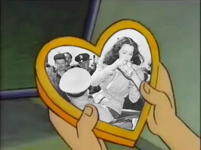 A cartoon hand holds a heart-shaped frame containing a black-and-white photo of a woman eating a sandwich while several…