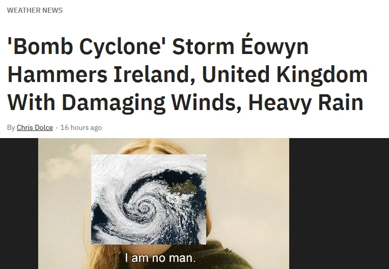 A news article headline about a storm named 'Éowyn' hammers Ireland and the UK. The image shows a woman with her face…