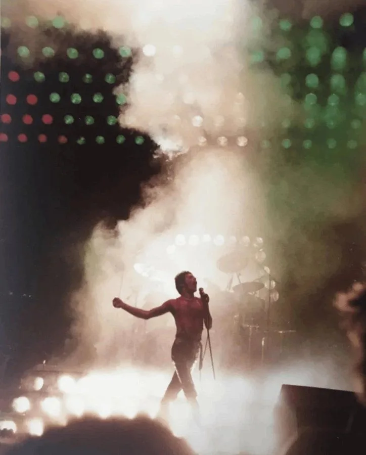 A shirtless male performer stands on a smoky concert stage, holding a microphone and gesturing with his other arm…