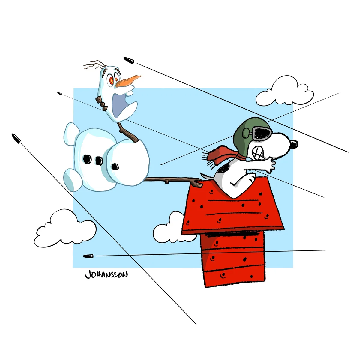A cartoon image shows Snoopy wearing a pilot helmet and goggles, flying his red doghouse through the sky with a stick…