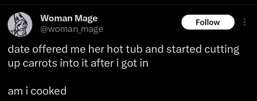 A screenshot of a tweet from a user named 'Woman Mage' with a cartoon avatar, showing text that reads 'date offered me her…