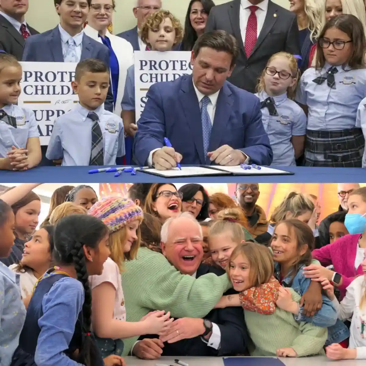 The top panel shows a man in a blue suit signing a document surrounded by children in school uniforms holding signs that…