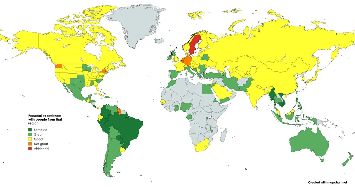 A world map colored to show personal experience with people from each region, using a legend: dark green for 'Fantastic'…