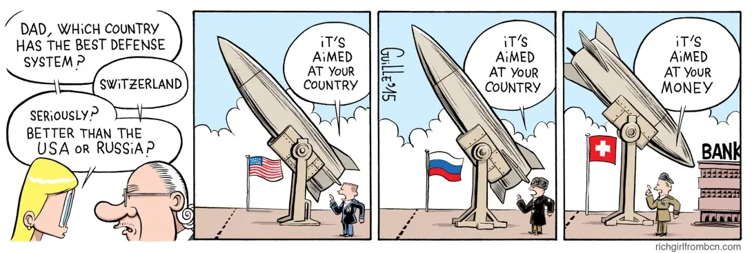 A four-panel comic strip shows a child asking their father which country has the best defense system, with Switzerland as…