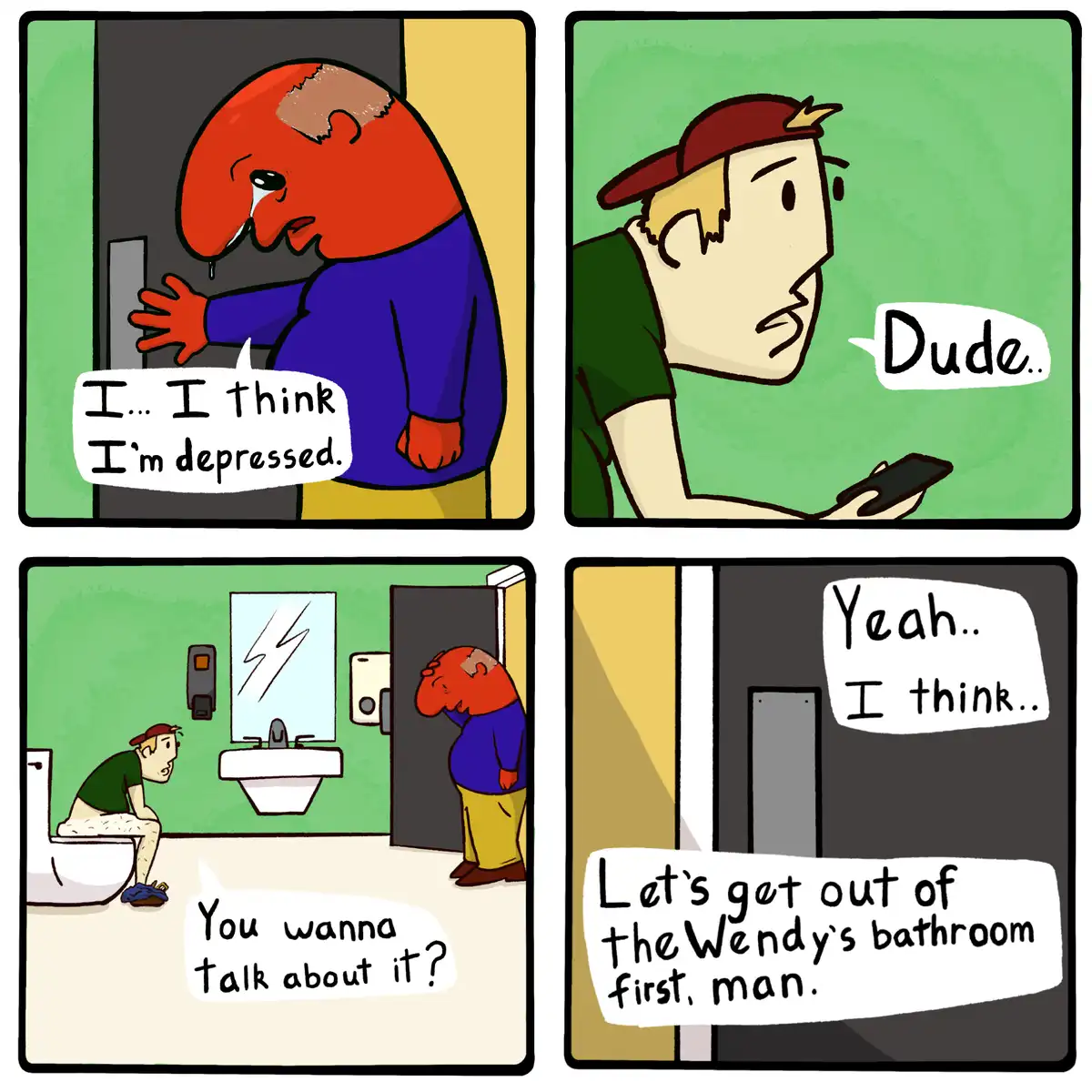 A four-panel comic shows a man crying and saying he thinks he's depressed in a bathroom stall. Another man, sitting on a…