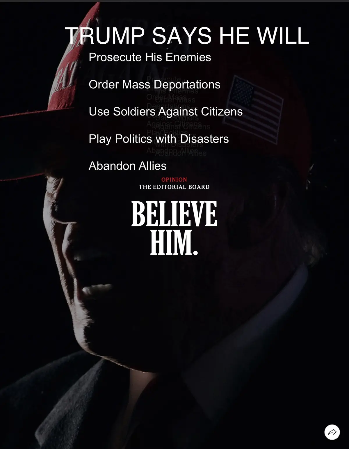 A dark, dramatic image of Donald Trump wearing a red MAGA hat with an American flag patch, overlaid with bold white text…