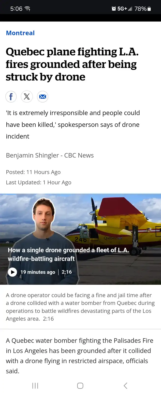 A screenshot of a CBC News article about a Quebec water bomber being grounded after a drone collision. The image shows a…