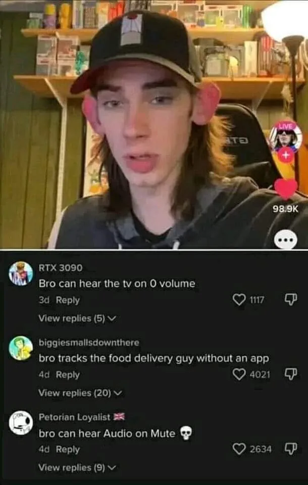 A screenshot of a live stream shows a young man with long hair and a cap looking surprised. Below, a YouTube comment section…
