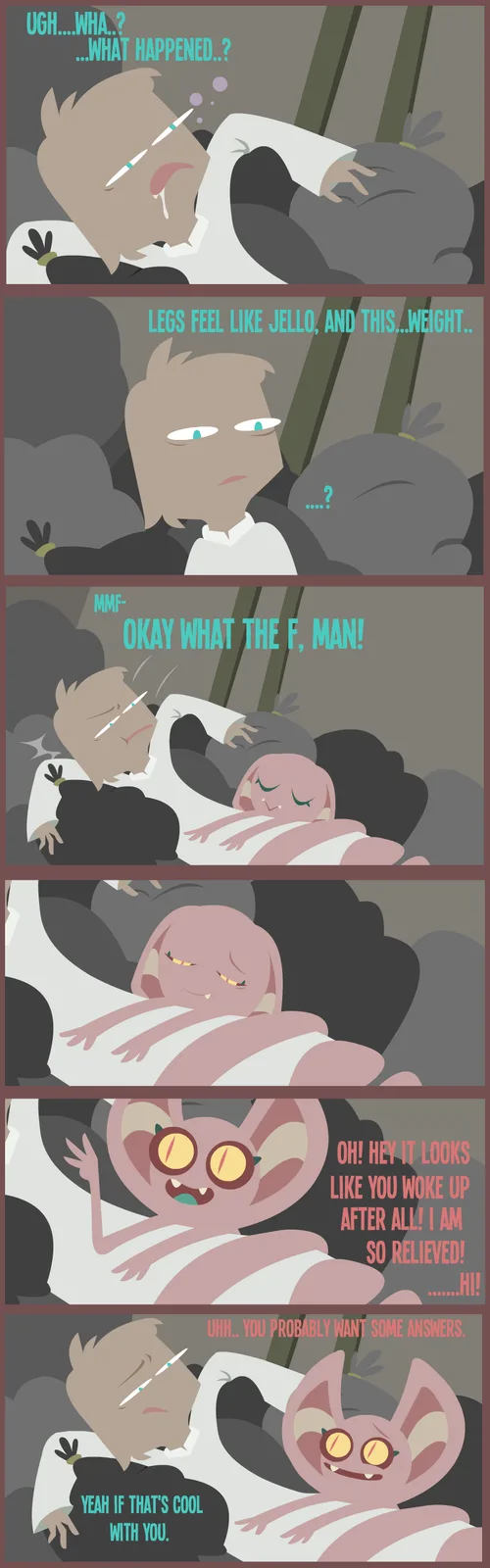 A six-panel comic strip featuring a disoriented, groggy human-like character waking up in a dark, smoky environment. The…