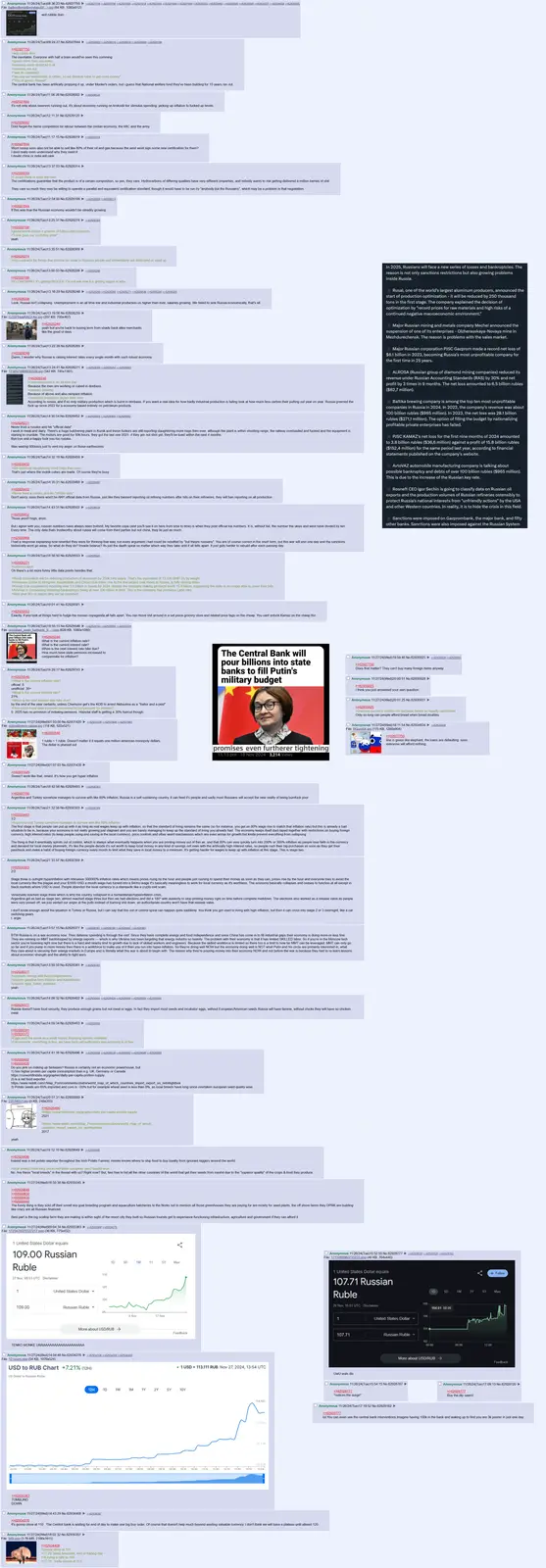 A screenshot of a 4chan thread discussing Russia's economic crisis, featuring a central image of a woman in glasses and a…