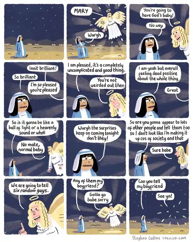 A comic strip depicts Mary being told by an angel she is pregnant with God's child. She reacts with shock and confusion…