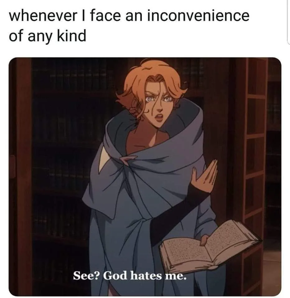 An anime-style woman with orange hair, wrapped in a blue cloak, stands in a library holding an open book, looking shocked…