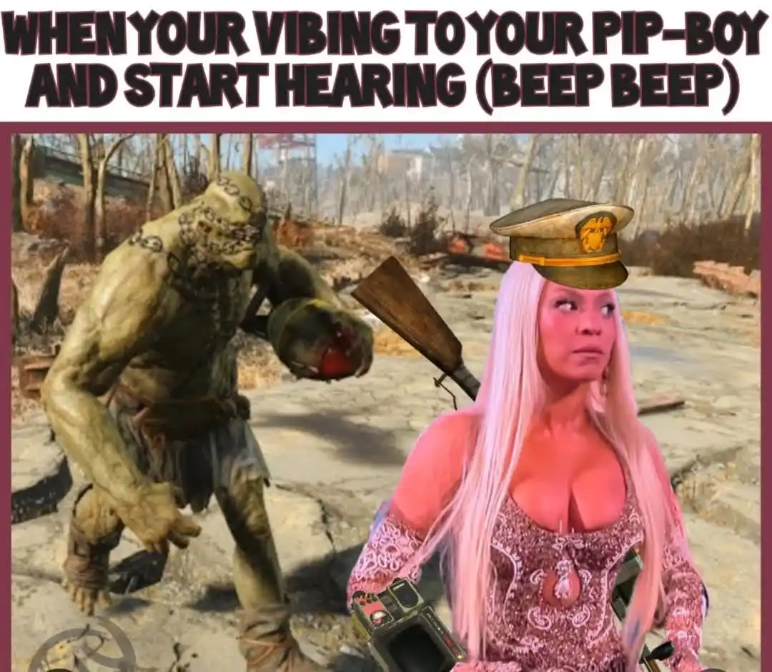 A composite image from Fallout 4 shows a ghoul holding a weapon and a woman with pink hair wearing a military cap and…