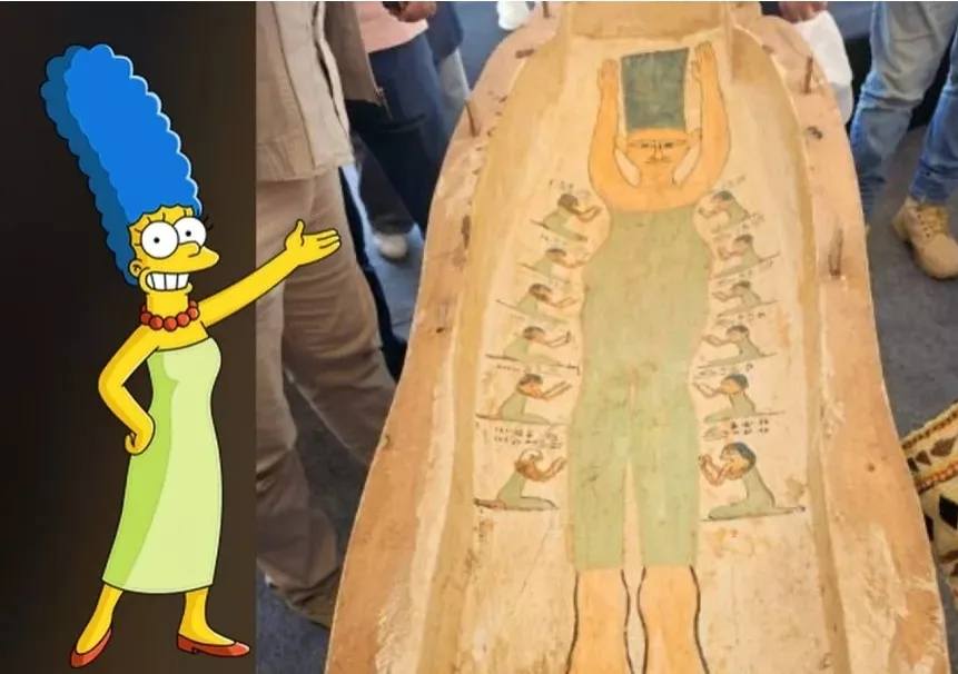 The image is a side-by-side comparison: on the left, Marge Simpson from The Simpsons points enthusiastically with her right…