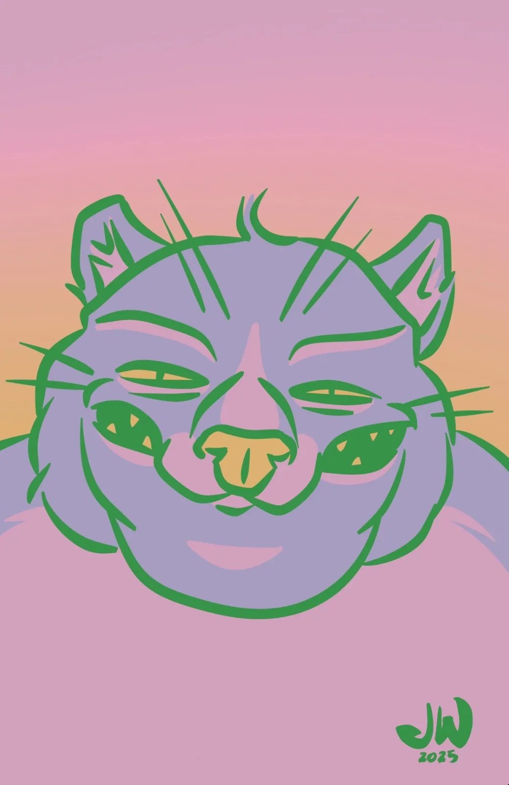 A stylized illustration of a purple cat with green outlines, set against a pink and orange gradient background. The cat has…
