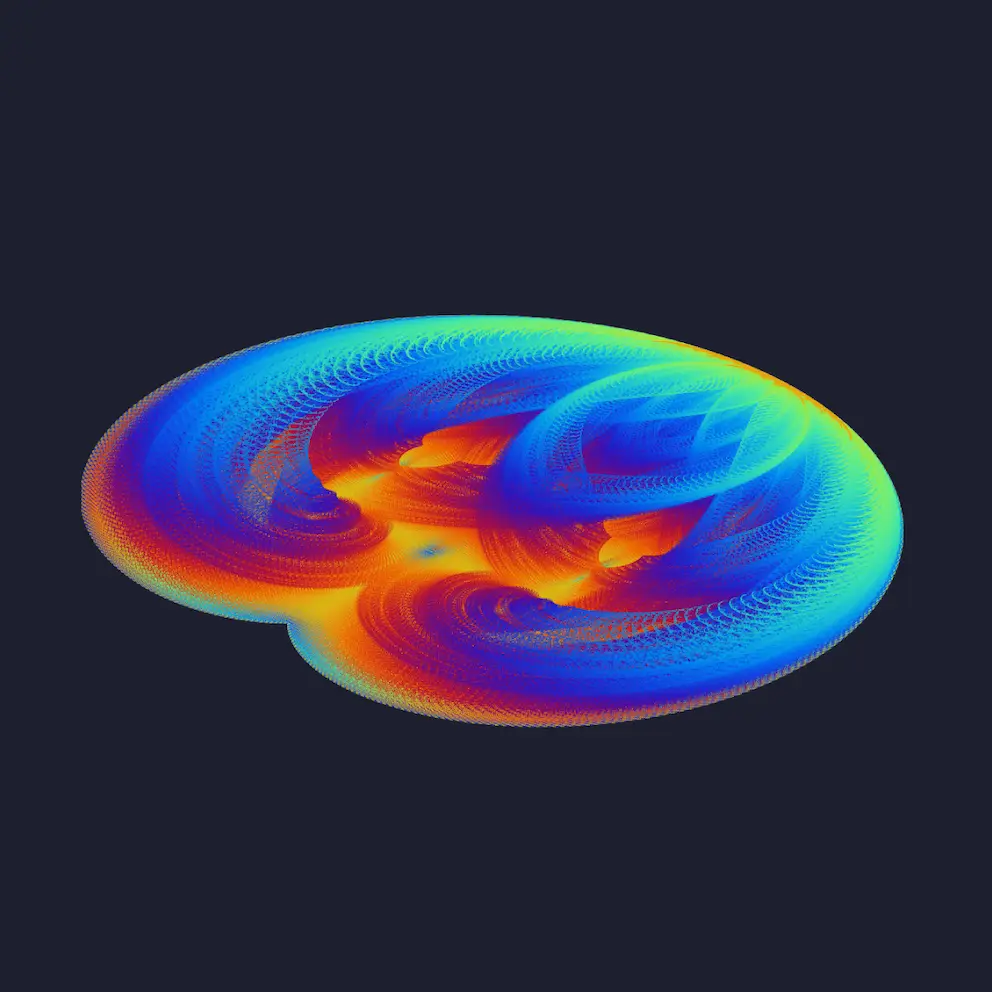 The image displays a colorful, swirling 3D mathematical visualization with gradients from blue to orange, set against a dark…