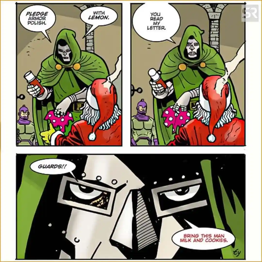 A three-panel comic strip shows a green-robed, masked villain (Doctor Doom) demanding Santa Claus polish his armor with…