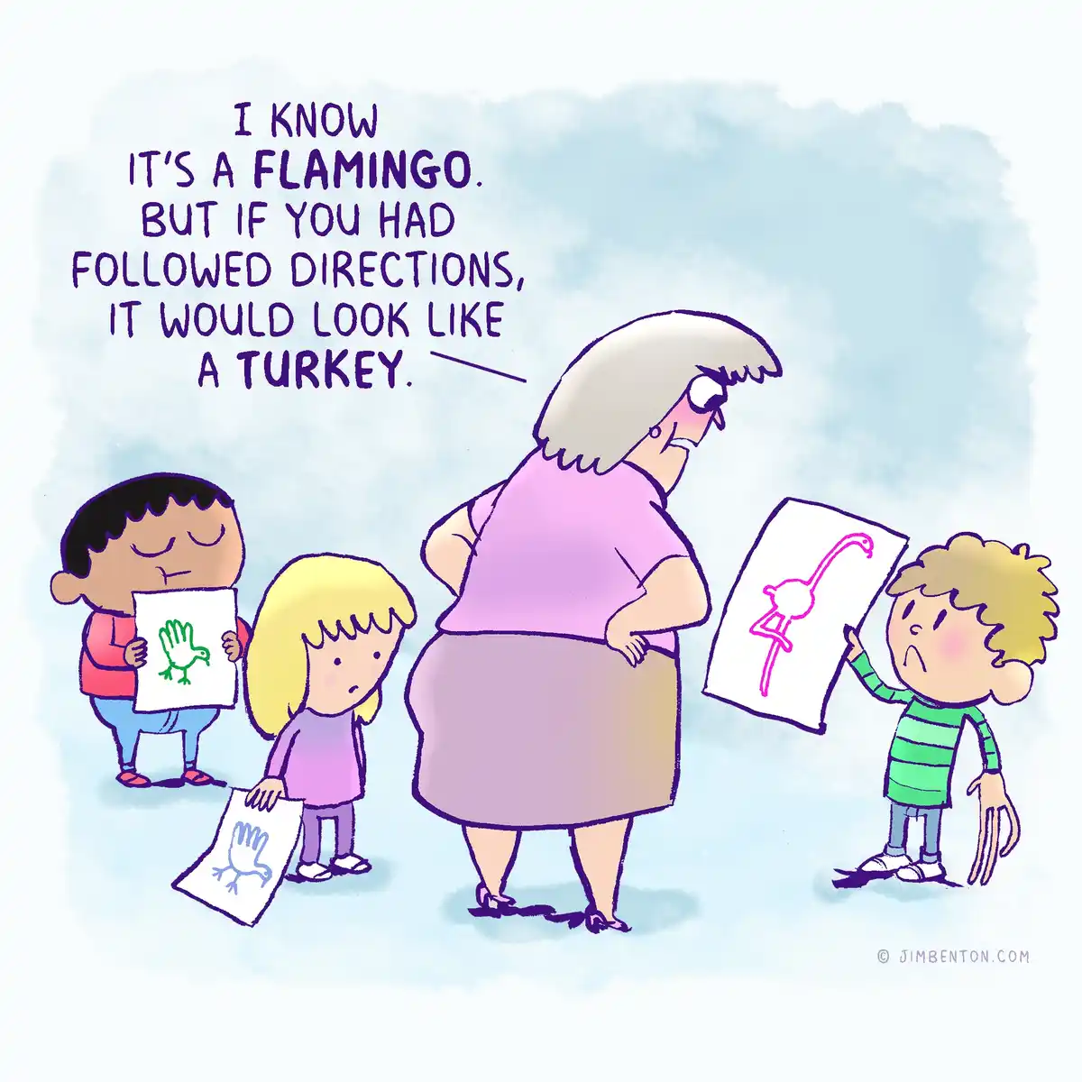 An illustration shows an adult woman with her back to the viewer, scolding three children holding up drawings. The child on…