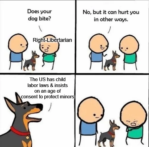 A four-panel comic shows a person asking a 'Right-Libertarian' if their dog bites. The libertarian replies it can hurt in…